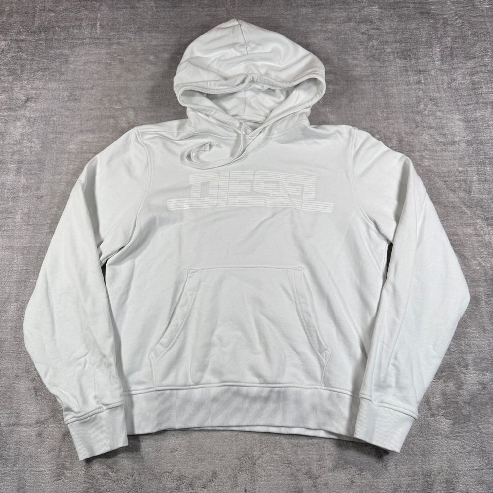 Diesel Hoodie Mens Small White Designer Tonal Logo Streetwear Sweatshirt